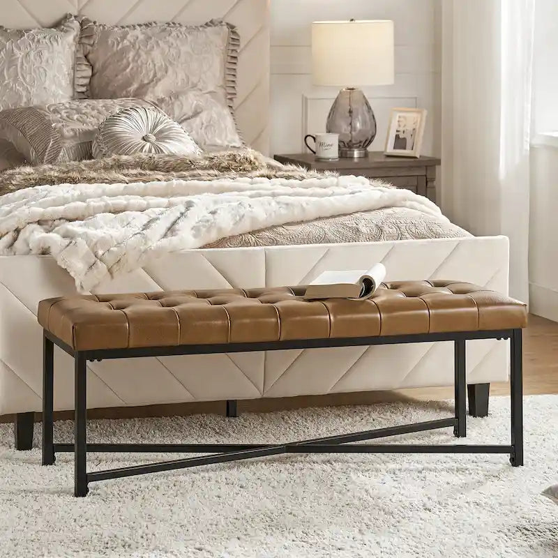 Panca moderna da 50.5", imbottita in vera pelle, con gambe in metallo