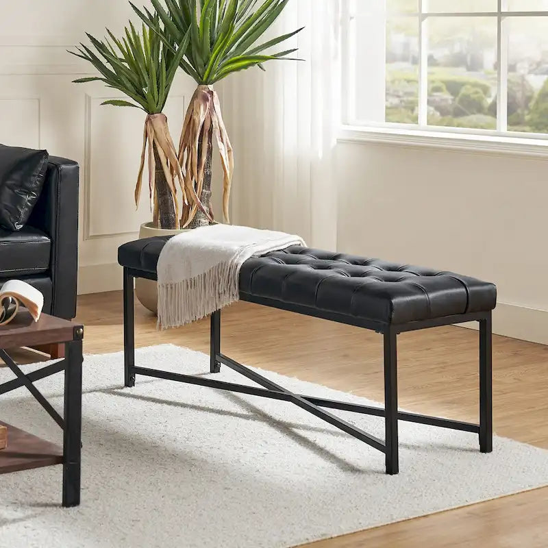 Panca moderna da 50.5", imbottita in vera pelle, con gambe in metallo