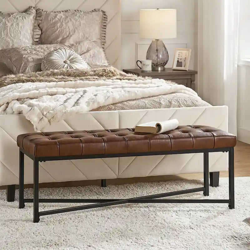 Panca moderna da 50.5", imbottita in vera pelle, con gambe in metallo