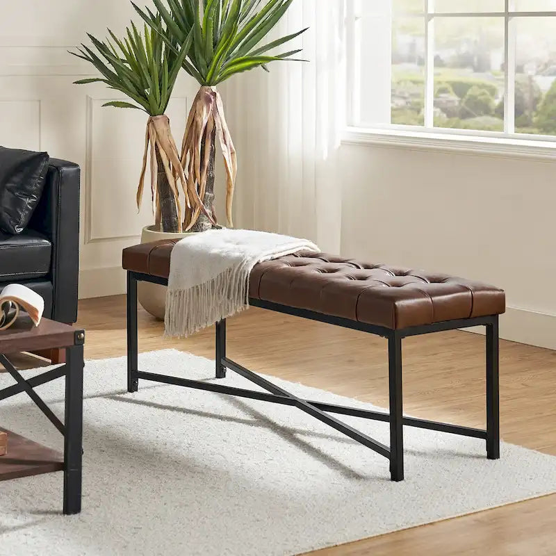 Panca moderna da 50.5", imbottita in vera pelle, con gambe in metallo