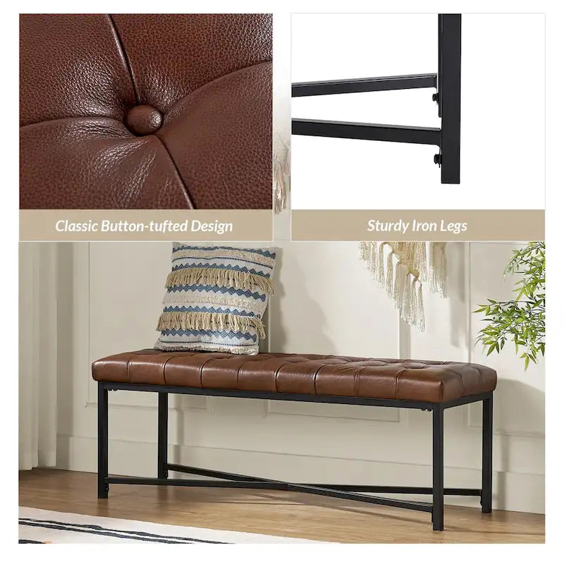 Panca moderna da 50.5", imbottita in vera pelle, con gambe in metallo