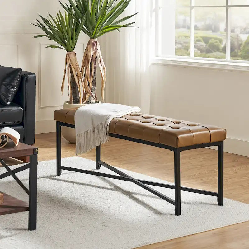 Panca moderna da 50.5", imbottita in vera pelle, con gambe in metallo