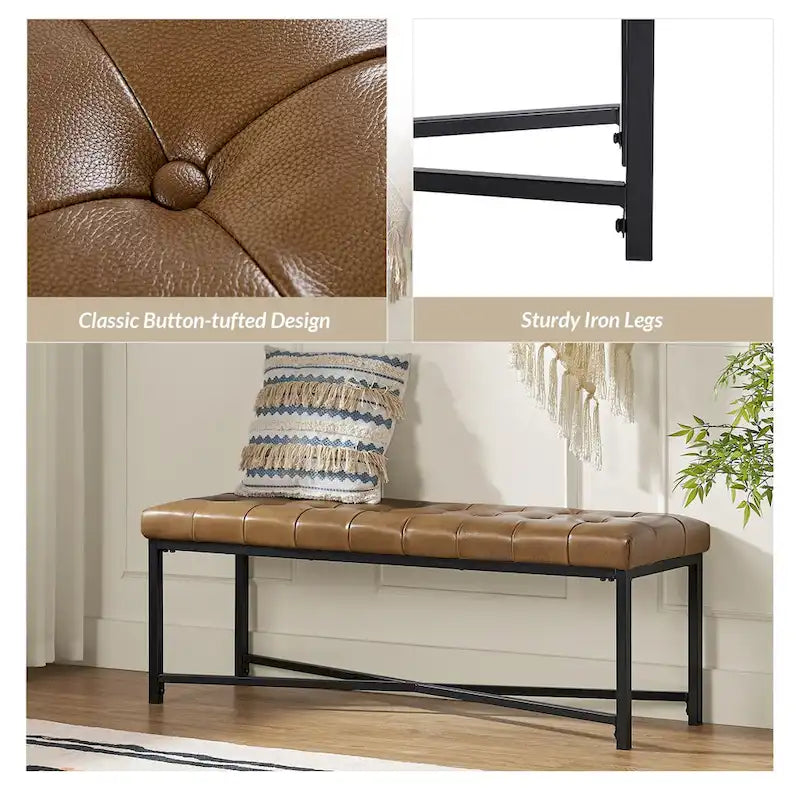 Panca moderna da 50.5", imbottita in vera pelle, con gambe in metallo