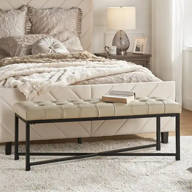 Panca moderna da 50.5", imbottita in vera pelle, con gambe in metallo