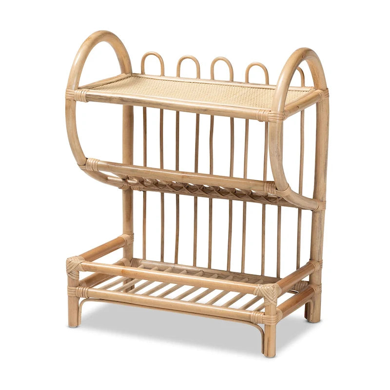 Boho-Ausstellungsregal aus natürlichem braunem Rattan mit 2 Ebenen