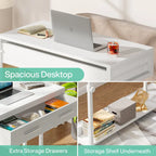Adjustable Side Table with Drawers and Wheels