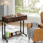 Adjustable Side Table with Drawers and Wheels