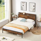 Queen Size Bed Frame, Platform Bed with Storage Headboard and Charging Station, Non-Slip Without Noise