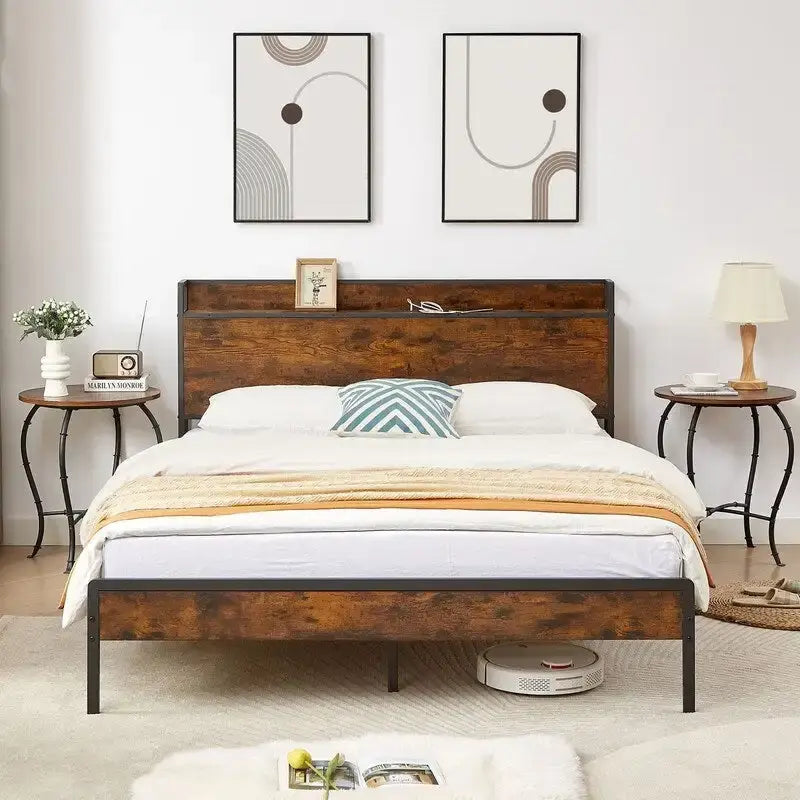 Bettgestell in Queen Size, Plattformbett mit Kopfteil mit Stauraum und Ladestation, rutschfest und geräuschlos