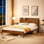 Queen Size Bed Frame, Platform Bed with Storage Headboard and Charging Station, Non-Slip Without Noise